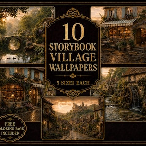May include: A digital collection of 10 storybook village wallpapers in 5 sizes each, featuring detailed scenes of stone cottages, water wheels, and castles. The central text reads 10 STORYBOOK VILLAGE WALLPAPERS, 5 SIZES EACH, and FREE COLORING PAGE INCLUDED.