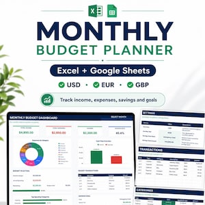 May include: A digital monthly budget planner for Excel and Google Sheets displayed on a laptop screen. The interface features a dashboard with financial charts, income, expenses, savings, and transaction logs for tracking personal finances in USD, EUR, or GBP.