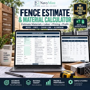 May include: A digital fence estimate and material calculator displayed on a laptop and tablet screen. The software interface shows project input fields, material takeoff tables, and cost analysis data. A measuring tape and pen are on the desk.