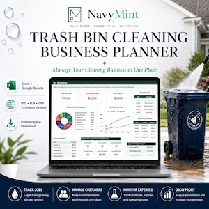 May include: A digital business planner for trash bin cleaning services displayed on a laptop screen. The interface shows financial dashboards, expense categories, and job tracking. A dark blue trash bin is being sprayed with water nearby.