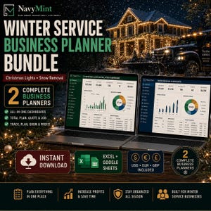 May include: A digital Winter Service Business Planner Bundle featuring two laptops displaying dashboards for Christmas light installation and snow removal services, with text overlays for instant download, Excel and Google Sheets compatibility.