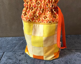 Fully lined drawstring bag, fabric bag, knitting bag, patchwork fabric drawstring bag with red flannel on inside