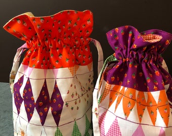Fully lined drawstring bag with purple strawberry fabric, knitting bag, Heather Ross's fabric drawstring bag with orange gingham on inside