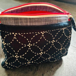 Bolsa de maquillaje sashiko bordada a mano con cremallera, bolsa de maquillaje forrada, organizador pequeño