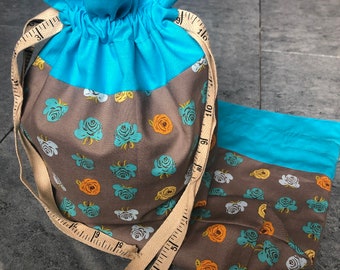 Fully lined drawstring bag, fabric bag, knitting bag, Heather Ross's fabric drawstring bag with blue fabric on  inside