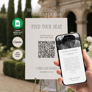 Könnte beinhalten: Ein weißes Hochzeitssitzplan-Schild auf einer goldenen Staffelei mit dem Text FIND YOUR SEAT, einem QR-Code und den Namen CHRIS AND HAILEY. Ein Smartphone zeigt eine passende digitale Benutzeroberfläche mit alphabetischen Tasten für die Gäste.