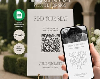 Seating Chart With QR Code Sign Wedding Website Template, Digital QR Canva Template, Guest List & Seating Chart Organizer | Instant Download