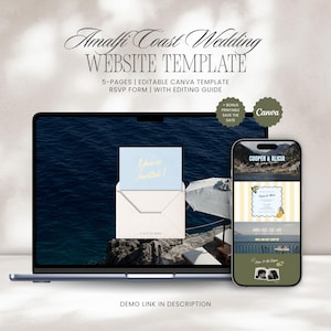 Puede incluir: Una plantilla digital de sitio web de bodas en la Costa Amalfitana mostrada en una pantalla de portátil y smartphone. El diseño incluye una tarjeta de invitación azul claro, un sobre blanco y una interfaz móvil con rayas amarillas.
