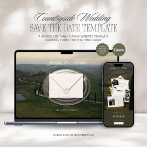May include: A digital template for a countryside wedding save the date displayed on a laptop and smartphone screen. The design features a landscape of rolling hills, a silver tray with an envelope, and text reading Jordan & Adeline.