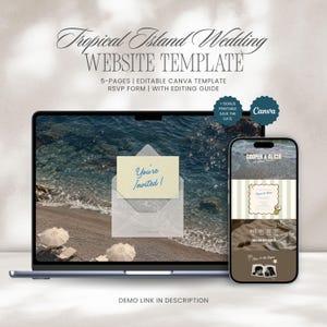 May include: A digital website template for a tropical island wedding displayed on a laptop and smartphone. The screen shows a beach background, an envelope graphic with the text You're Invited!, and a mobile interface for Cooper & Alicia.