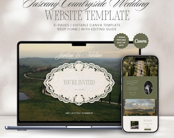 May include: A digital wedding website template displayed on a laptop and smartphone screen. The design features a Tuscan countryside landscape, an ornate lace-style frame with the text YOU'RE INVITED, and editable sections for event details.