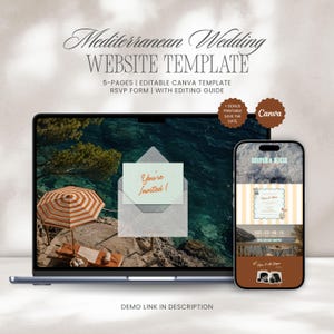 Mediterranean Beach Wedding Website Template | Editable Canva Website with RSVP form | Destination Wedding Digital Invitation