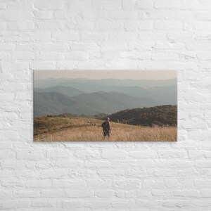 Può includere: Una stampa su tela rettangolare che raffigura un paesaggio con una persona in piedi in un campo di erba alta e secca. Sullo sfondo, strati di creste montuose grigio-azzurre si estendono verso l'orizzonte sotto un cielo tenue.