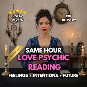 May include: A psychic reading service advertisement featuring text that reads SAME HOUR LOVE PSYCHIC READING, BEST SELLER, 5 STAR REVIEW, PDF DELIVERY, and FEELINGS • INTENTIONS • FUTURE. The image includes a person, candles, and tarot cards.