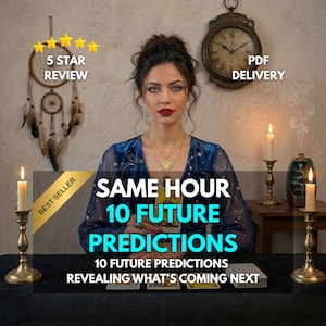 May include: A digital service offering 10 future predictions with PDF delivery. The text reads: SAME HOUR 10 FUTURE PREDICTIONS, 10 FUTURE PREDICTIONS REVEALING WHAT'S COMING NEXT, BEST SELLER, 5 STAR REVIEW, and PDF DELIVERY.