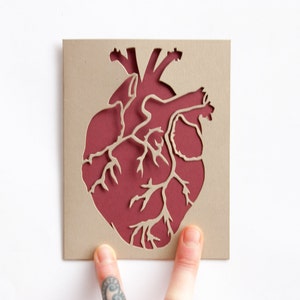 Valentine Card: Laser cut Anatomical Human Heart Card--Gold and Burgundy--Custom Message