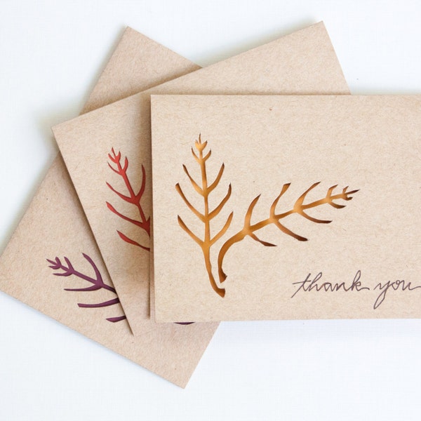 Thank You Card Set (10): Laser Cut Leaves--Custom Color--Custom Text