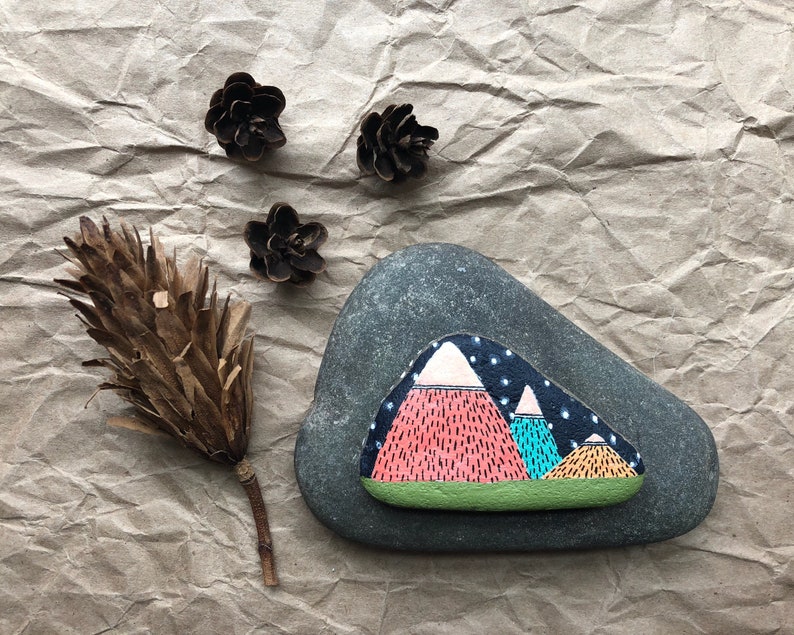 Hand Painted Rock: Mountains at Night, home decor, outdoorsy, camping, wanderlust imagem 1