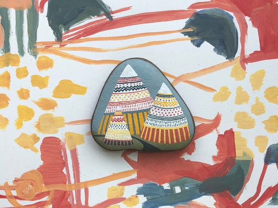 Hand Painted Rock: Three Mountains and River Nature Art Eco | Etsy