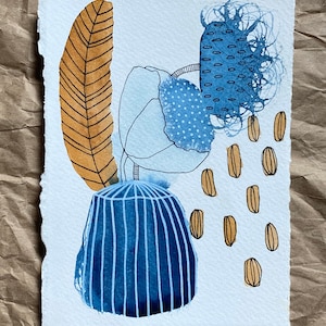 Original watercolor painting: plants imagined mixed media art