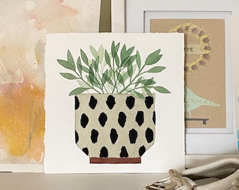 Houseplant Watercolor Painting with embroidered design: 8”x8” mixed media original