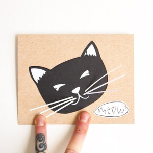 Tarjeta de gato cortada a mano: CLEARANCE Cat Meow Birthday -- color personalizado + mensaje