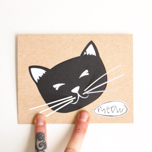 Hand Cut Cat Card: CLEARANCE Cat Meow Birthday--custom color + message