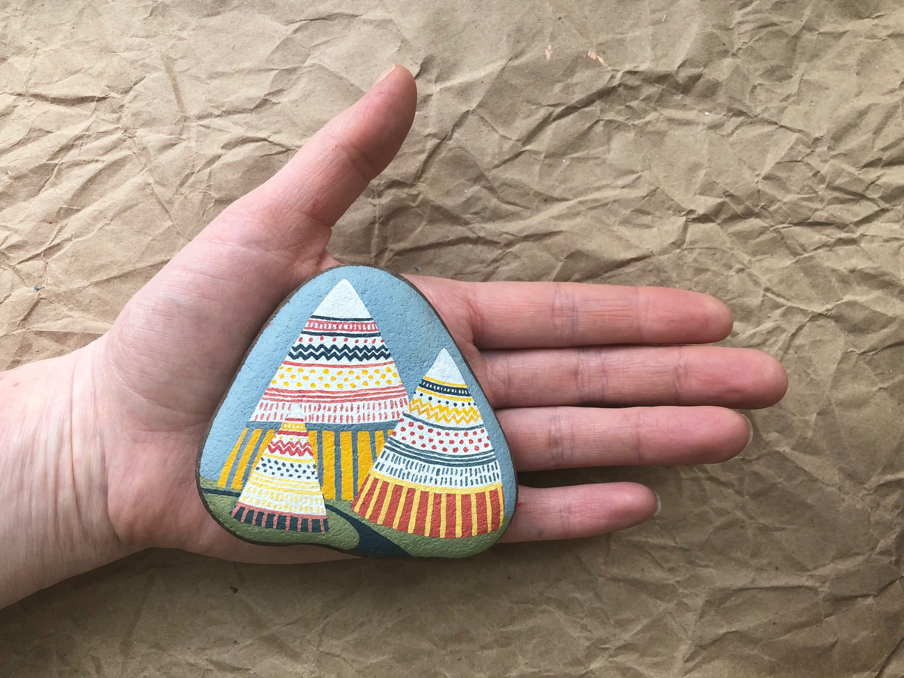 Hand Painted Rock: Three Mountains and River, Nature Art, Eco Art, Home ...