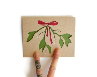 Mistletoe Christmas Card: Laser Cut Mistletoe Card--Custom Text