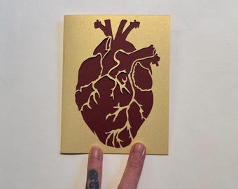 Valentine Card: Laser cut Anatomical Human Heart Card--Gold and Burgundy--Custom Message