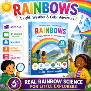 Może przedstawiać: Cyfrowa książka edukacyjna pod tytułem RAINBOWS: A Light, Weather & Color Adventure, przedstawiająca tęczę, górski krajobraz i dwoje dzieci na okładce. Zawiera ikony 35 aktywności do druku, natychmiastowe pobieranie i format PDF.
