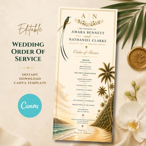 Op de afbeelding: Een verticaal trouwprogramma sjabloon met een tropisch strandtafereel met palmbomen, een vogel en witte bloemen. De tekst bevat de namen Amara Bennett en Nathaniel Clarke, de datum 22 augustus 2017 en het verloop van de ceremonie.