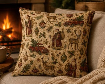 May include: A square throw pillow featuring a tan fabric base with a repeating Christmas pattern. The design includes illustrations of Santa Claus, red pickup trucks carrying pine trees, reindeer, holly leaves, and decorative ornaments.