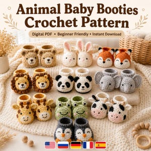 Può includere: Una collezione di scarpine per neonati all'uncinetto con vari disegni di animali tra cui orso, coniglio, volpe, leone, panda, elefante, giraffa, rana, mucca e pinguino. Il testo "Animal Baby Booties Crochet Pattern" è visualizzato in alto.