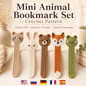Virkmönster för mini-djurbokmärken (PDF-nedladdning) Katt, Kanin, Björn, Räv, Groda
