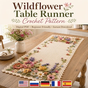 Può includere: Un runner da tavola all'uncinetto color crema con un bordo di motivi floreali tridimensionali nelle tonalità del rosa, giallo, viola e verde. Il testo recita Wildflower Table Runner Crochet Pattern, Digital PDF, Beginner Friendly, Instant Download.