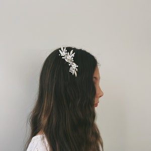 Ivy Handmade Exquisite Silver, Pearl, and White Painted Enamel Headpiece Hair Comb for a Charming Flower Girl image 1
