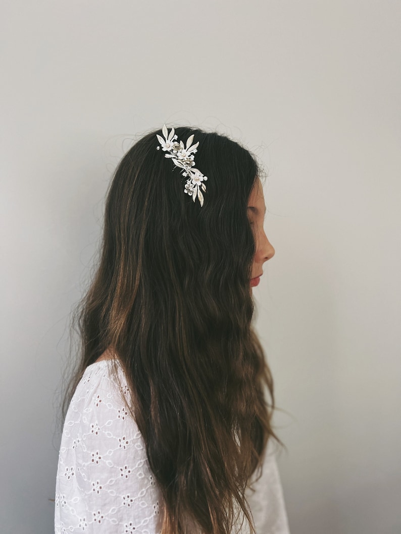 Ivy Handmade Exquisite Silver, Pearl, and White Painted Enamel Headpiece Hair Comb for a Charming Flower Girl image 1