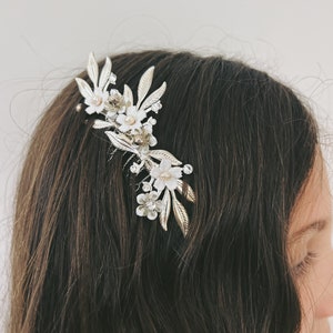 Ivy Handmade Exquisite Silver, Pearl, and White Painted Enamel Headpiece Hair Comb for a Charming Flower Girl image 3