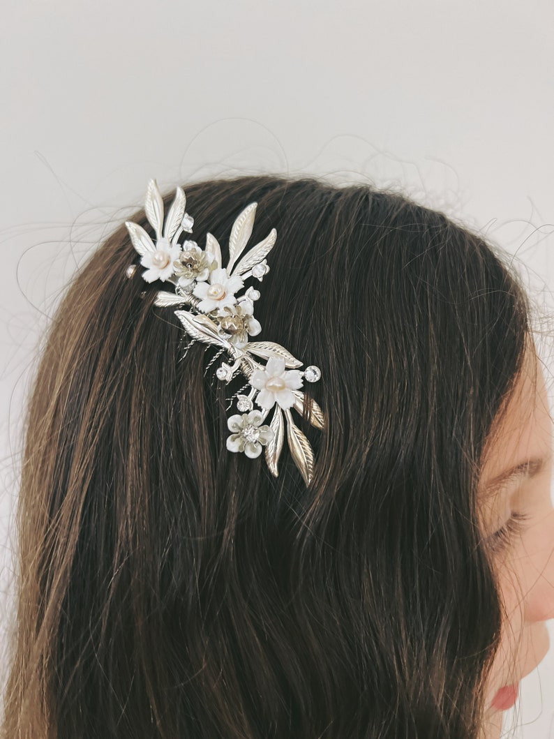 Ivy Handmade Exquisite Silver, Pearl, and White Painted Enamel Headpiece Hair Comb for a Charming Flower Girl image 3