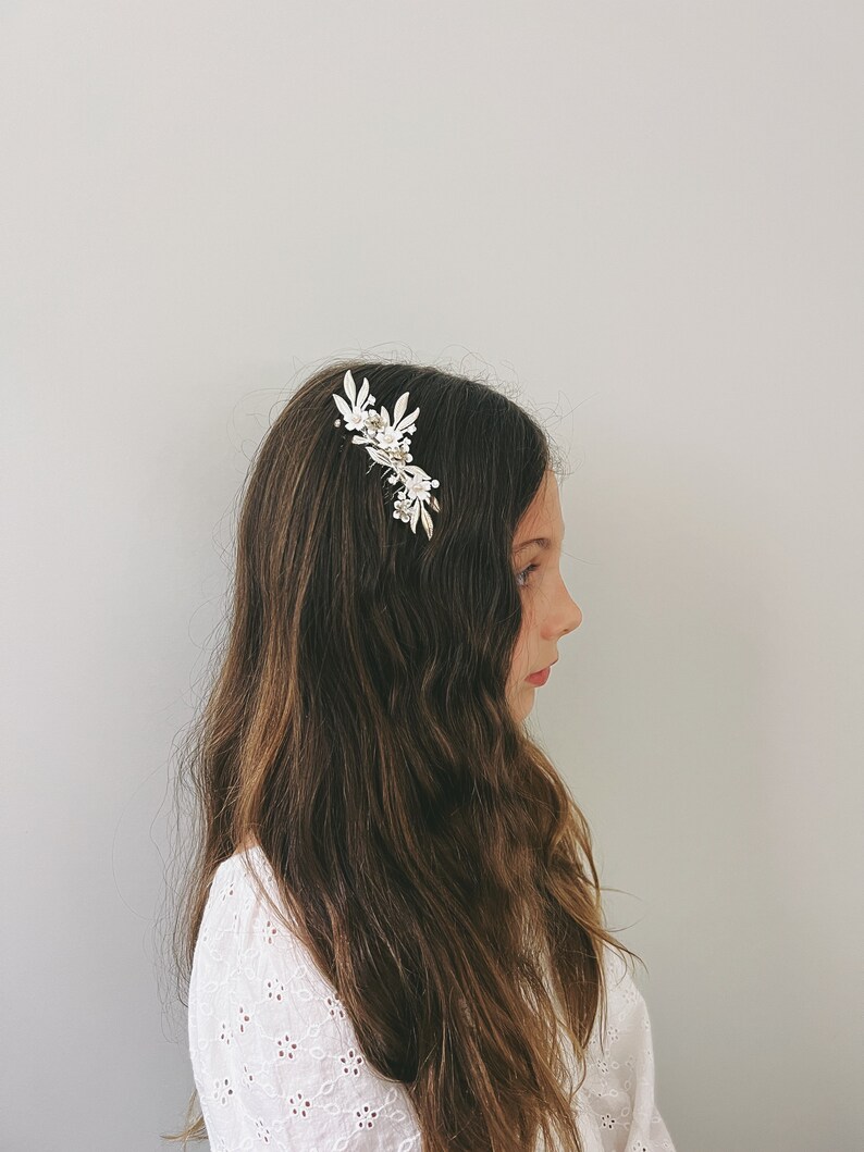 Ivy Handmade Exquisite Silver, Pearl, and White Painted Enamel Headpiece Hair Comb for a Charming Flower Girl image 7