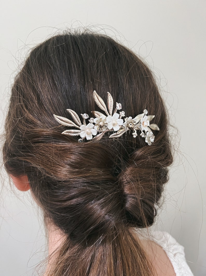 Ivy Handmade Exquisite Silver, Pearl, and White Painted Enamel Headpiece Hair Comb for a Charming Flower Girl image 6