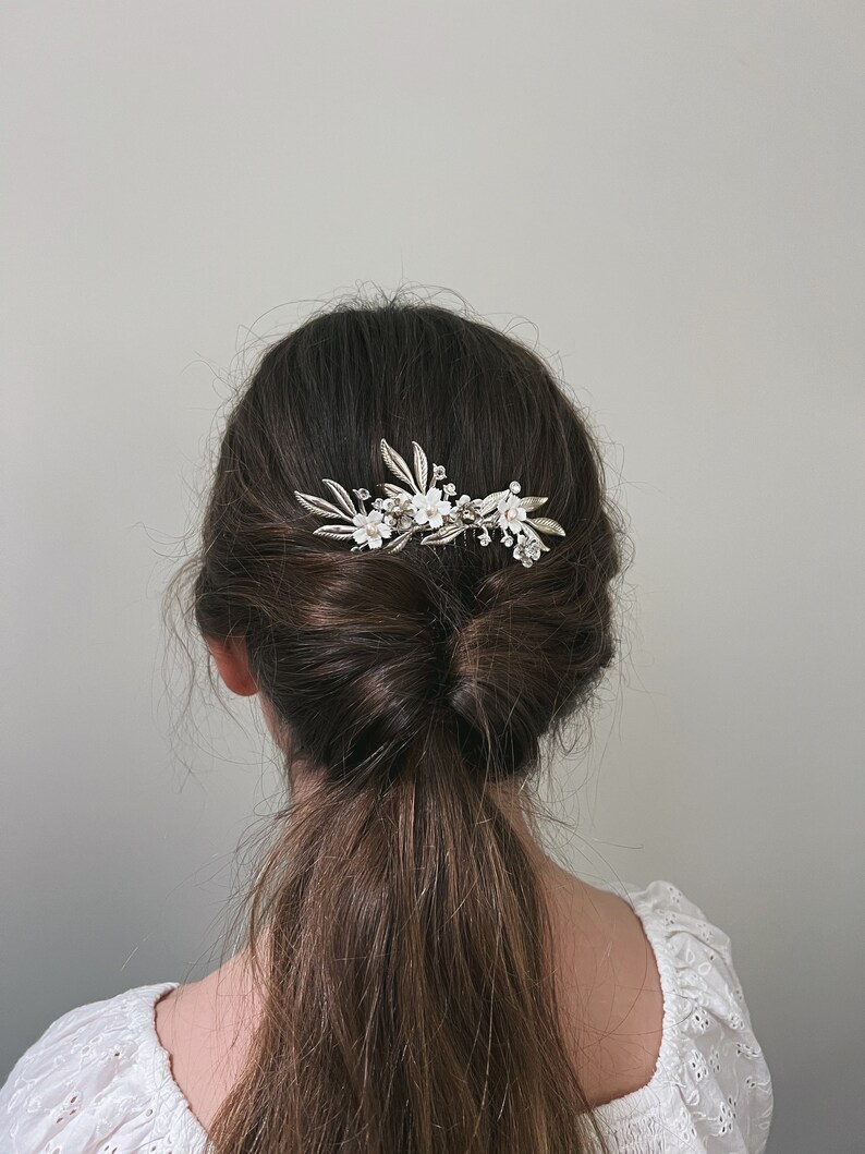 Ivy Handmade Exquisite Silver, Pearl, and White Painted Enamel Headpiece Hair Comb for a Charming Flower Girl image 8