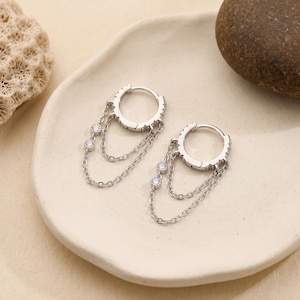 Silverfyllda CZ-kedjeörhängen, kristallörhängen med hänge, lager-kedjeörhängen, eleganta silversmycken, present till henne