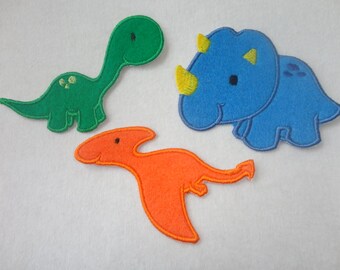 Dinosaur Patches, Dinosaur Iron On, Set of 3 Felt Dinosaur Iron On Patches