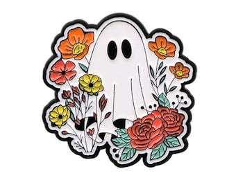 Épingle en émail mignon fantôme avec fleurs : épingles d'Halloween, épingles en émail automne