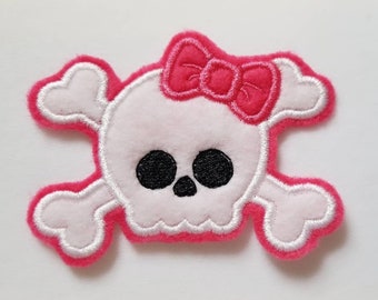 Skull Patch, Skull Iron On, Felt Skull, GIrl Skull, Girl Crossbones, Embroidered Skull with Hot Pink Bow Iron On or Sew On Patch