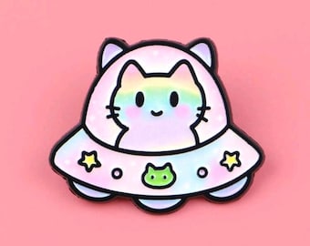Space Cat Enamel Pin, UFO Kitty Brooch Pin, Pastel UFO, Funny Sarcastic Pins, Pins for Backpacks Hats Lanyards, Pins for Name Badges