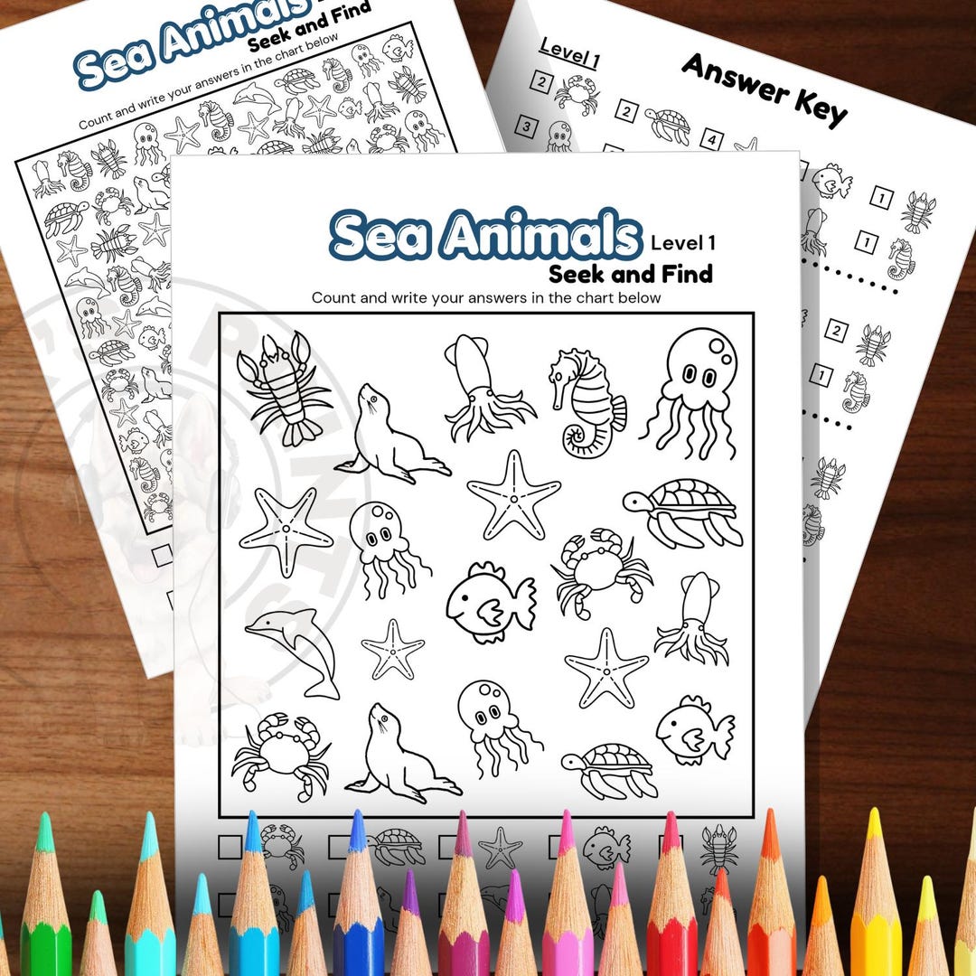 Sea Animal Seek and Find Coloring Page Bundle, 4 Search and Find ...