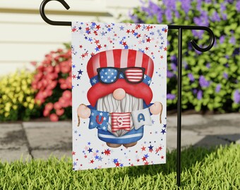 America's Gnome, 4th of July, USA Garden Flag, Red, White, & Blue Gnome, America Flag